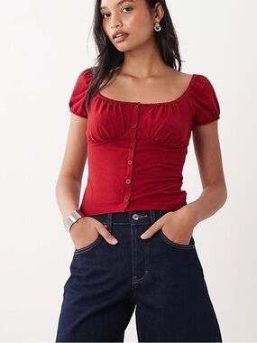 Free People Red Puff-Sleeve Button Front Crop Top